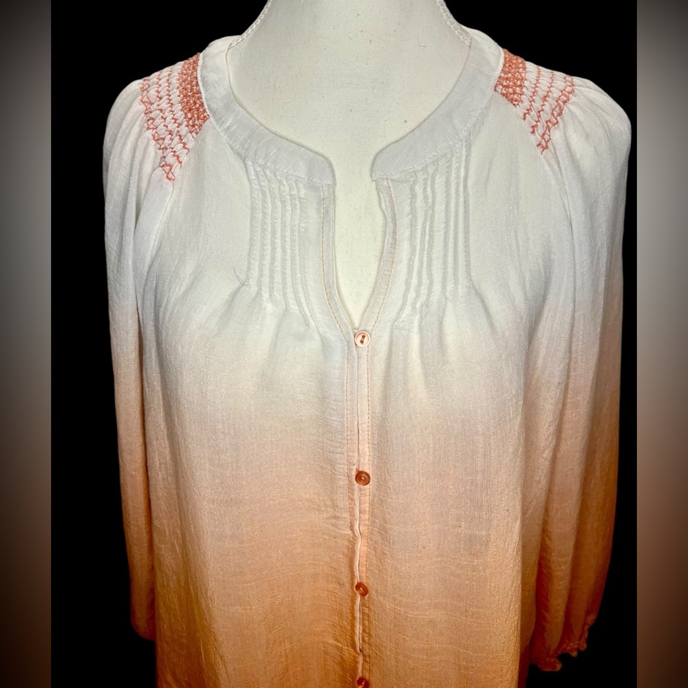 ZAC & RACHEL Ombré Embroidered Blouse Top Coral Melon Orange & White Size L
